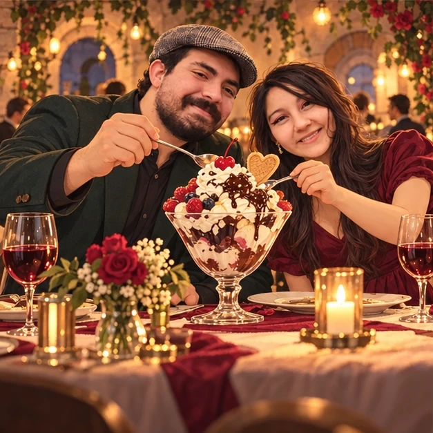 Josefa y Gabriel compartiendo un gran postre en su aniversario.