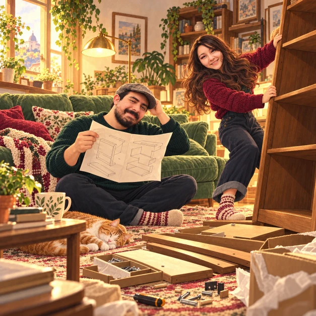 Josefa y Gabriel armando los muebles de su living.