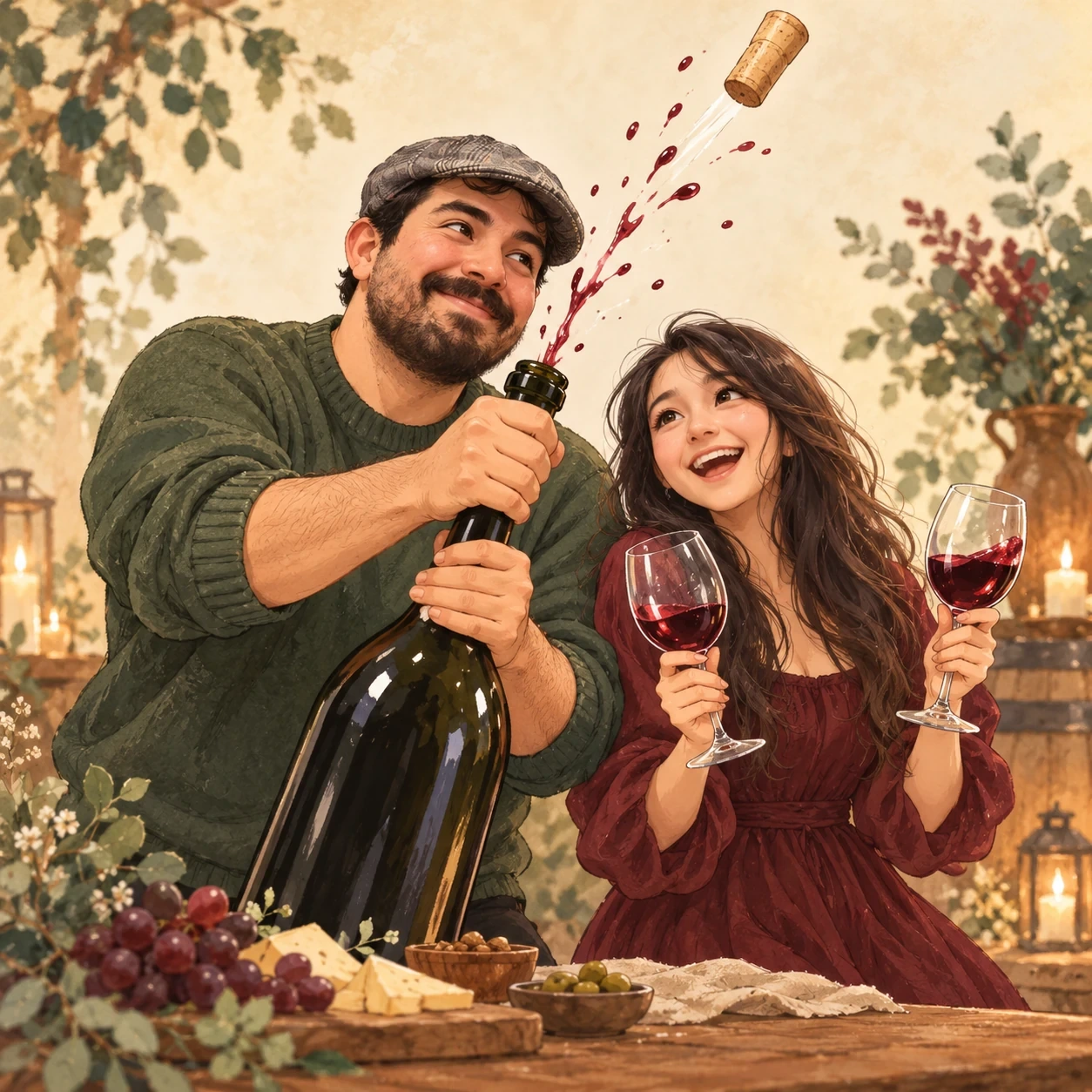 Josefa y Gabriel abriendo una botella de vino entre risas.