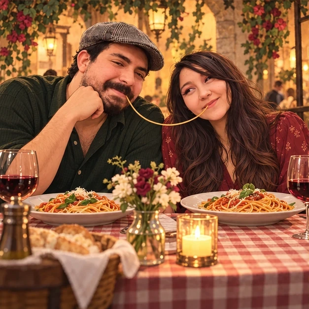 Josefa y Gabriel compartiendo una cena de pastas.