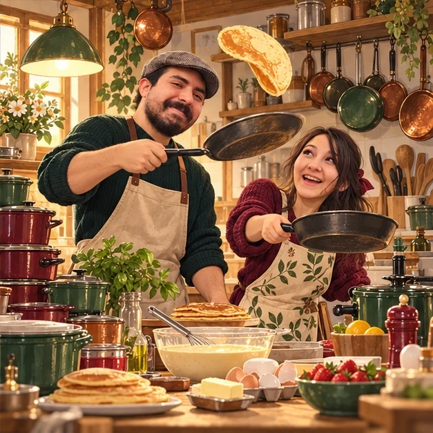 Josefa y Gabriel cocinando juntos y atrapando un panqueque en el aire.