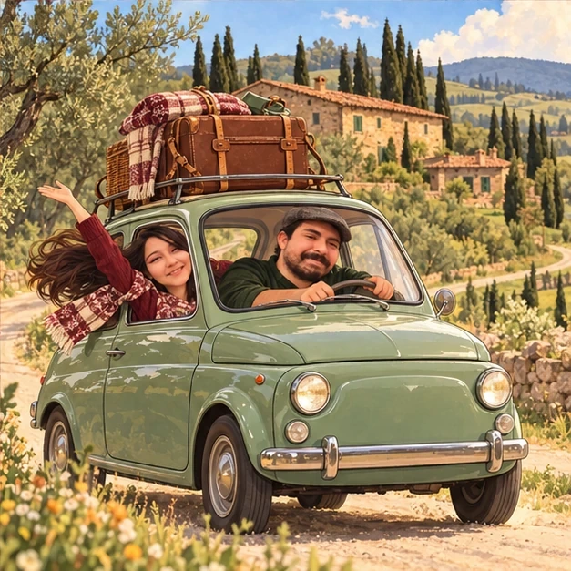 Josefa y Gabriel en un pequeño auto con maletas, camino a una escapada.