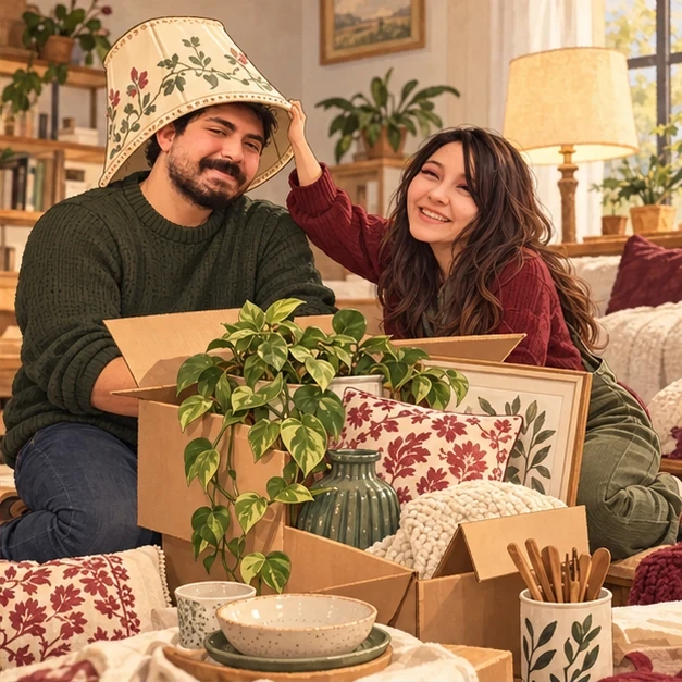 Josefa y Gabriel desempacando cosas para la casa, con una pantalla de lámpara como sombrero.