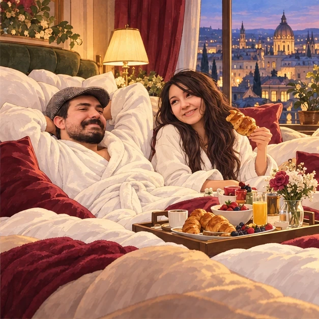 Josefa y Gabriel desayunando entre almohadas en un hotel.