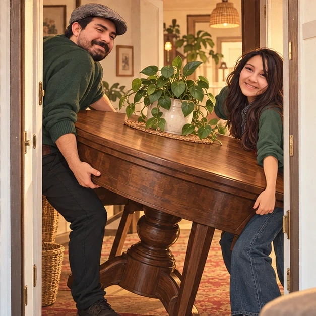 Josefa y Gabriel intentando pasar una mesa de madera por la puerta.