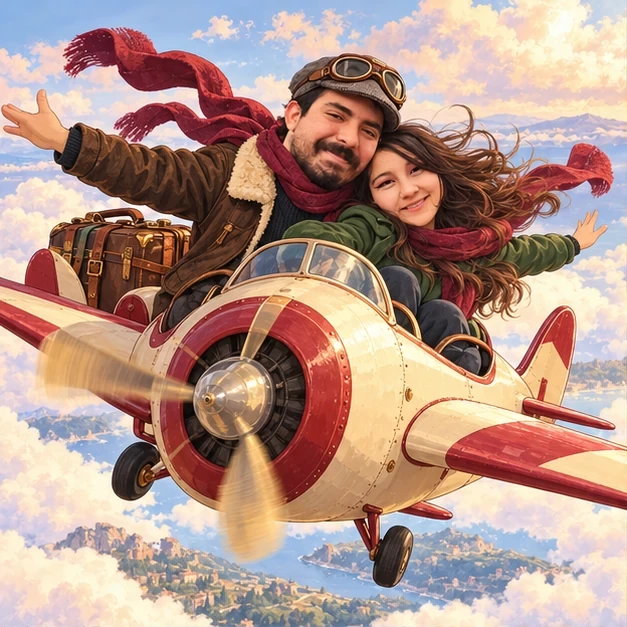 Josefa y Gabriel volando juntos en una avioneta de fantasía.