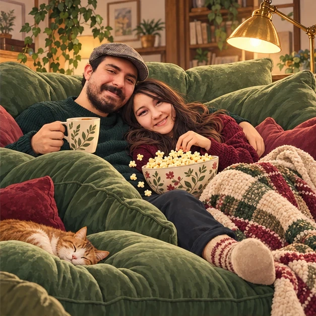 Josefa y Gabriel acurrucados en un sofá verde con palomitas.