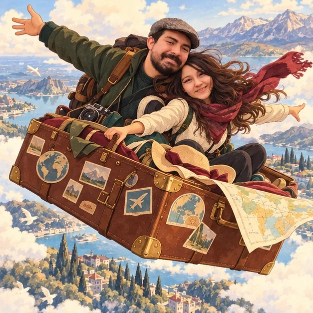Josefa y Gabriel viajando sobre una maleta voladora.