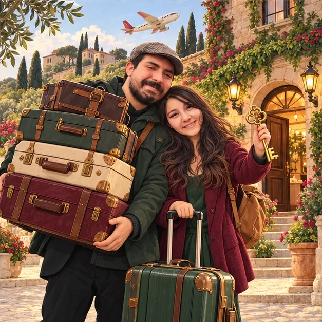 Josefa y Gabriel llegando con sus maletas y la llave de su alojamiento.