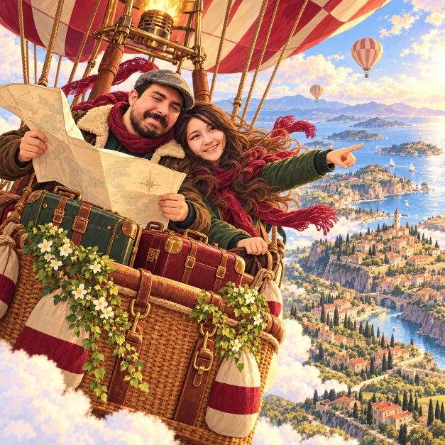 Josefa y Gabriel de aventura juntos en un globo aerostático.
